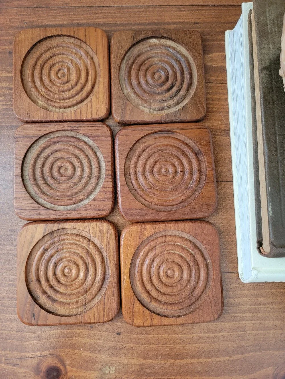 Vintage MCM Dolphin Teakwood 6 Piece Coaster Set & Caddy Mid-Century Modern